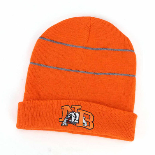 An orange beanie featuring a reflective trim and a logo on the front.