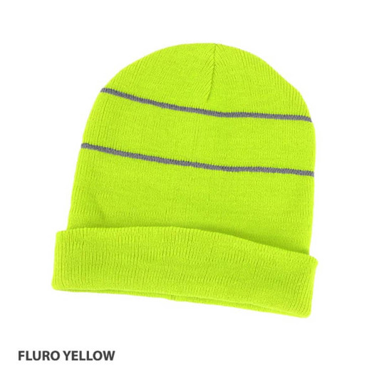 A fluro yellow beanie featuring a reflective trim, displayed with a folded cuff. It has a logo on it.