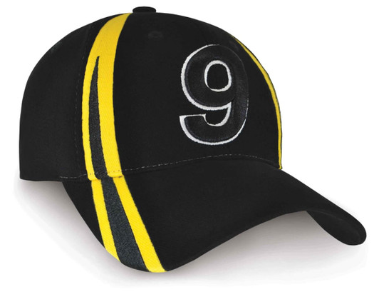 A black cap with yellow and green stripes and the number 9 embroidered on the front.
