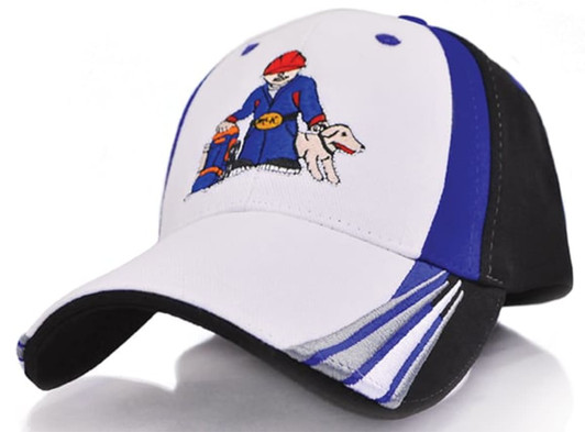 A cap featuring a blue, white, and black design with an embroidered character holding a dog.