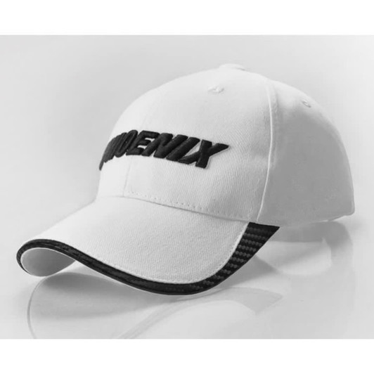 A white cap with a black embroidered logo, featuring a curved brim and a carbon fibre design.
