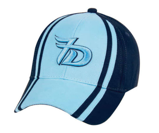 A light blue and navy cap featuring an embroidered logo, designed with contrasting stripes.