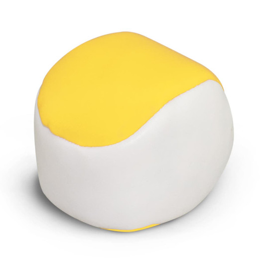A round hacky sack in white and yellow, featuring a smooth, textured surface and a logo on it.