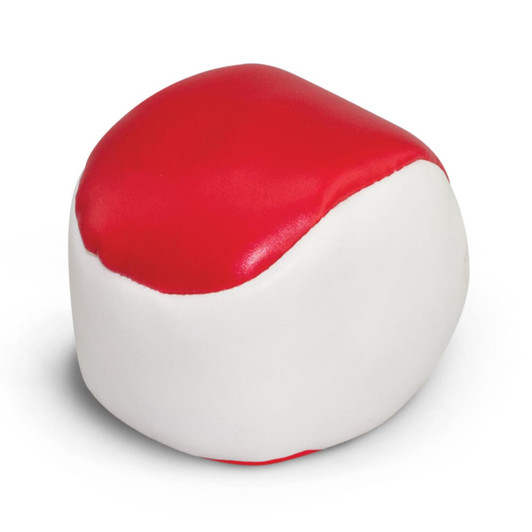 A red and white hacky sack with a smooth surface and rounded shape. It has a simple design and a logo.