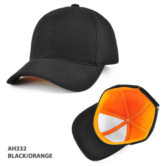 A black and orange cap with a curved brim and a logo. The interior features an orange lining.