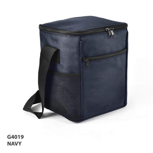 A navy cooler bag with a zippered top, front pocket, and side mesh pocket. It has a shoulder strap for easy carrying.
