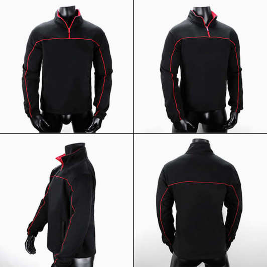 A black polar fleece jacket with red accents, featuring a zippered collar and a logo.