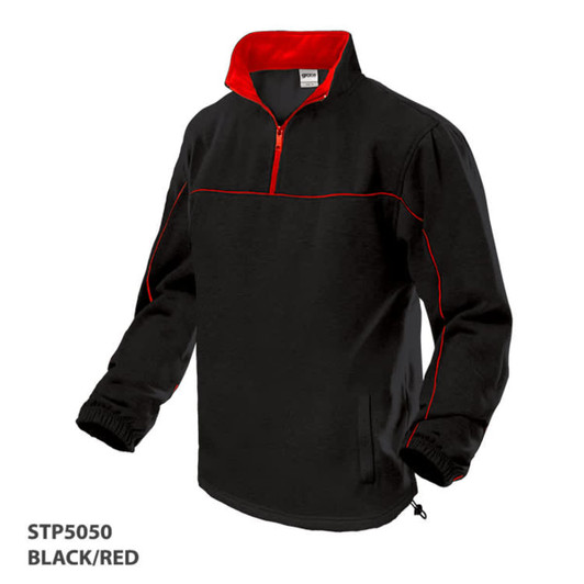 A polar fleece jacket in black with red accents and a half zip, featuring elastic cuffs and a tag inside.