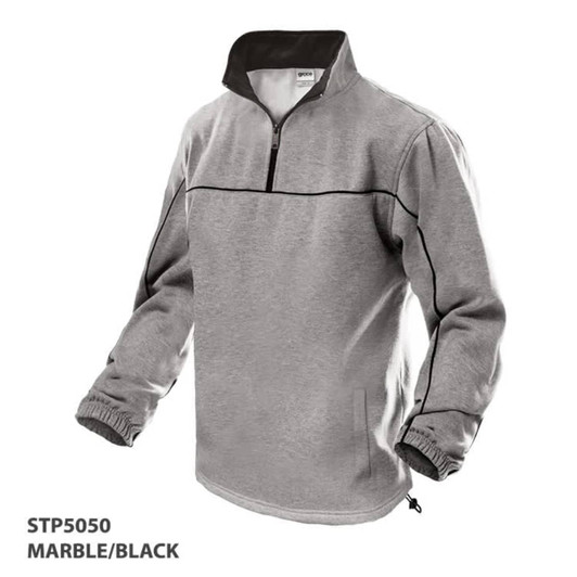 A polar fleece jacket in marble and black, featuring a half zip and elastic cuffs. It has a logo on the design.