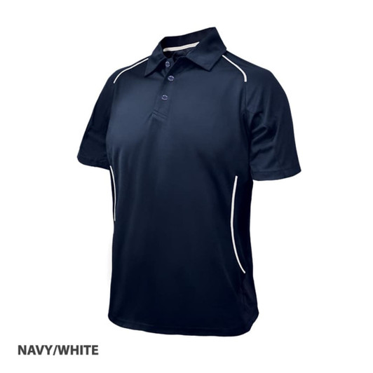 A navy polo shirt with white accents, featuring a collar and button placket, and includes a logo.