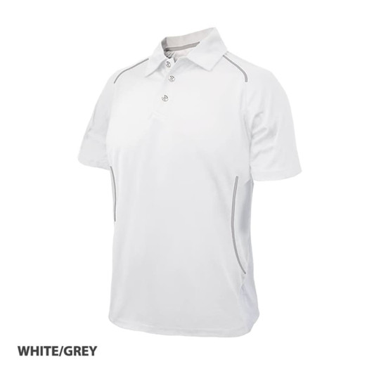 A white and grey polo shirt with a branding logo and stylish side piping details.