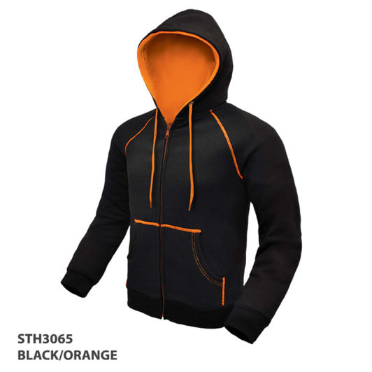A black hoodie with orange accents and a front zipper, featuring a hood and kangaroo pocket. It has a logo.