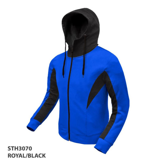 A blue and black hoodie featuring a zip front, a hood, and a contrasting design. It has a logo branding.