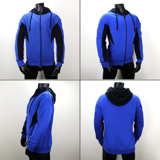 A blue and black hoodie featuring a zip front and dual-tone design, with a logo on it.