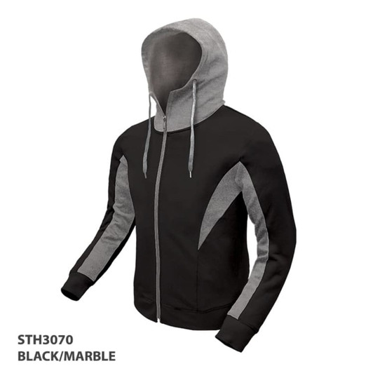A black and grey hoodie featuring a zip front and a hood, with a sporty design and a small logo on it.
