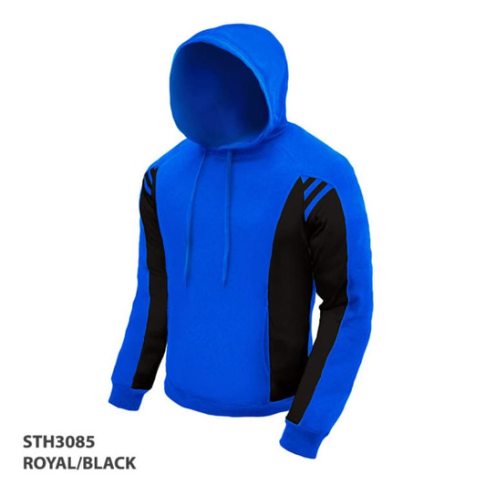 A blue hoodie with black accents and a front pocket, featuring a logo on the chest area.
