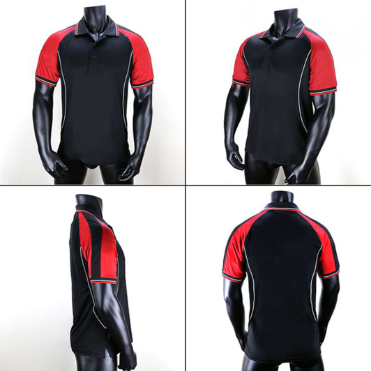 A polo shirt featuring a black body with red sleeves and contrasting white detailing. It has a logo on the chest.