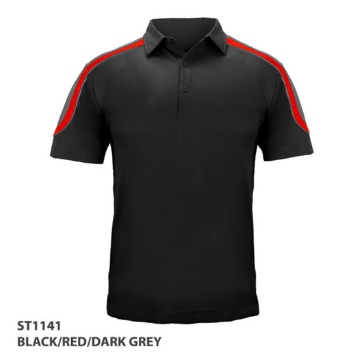 A black polo shirt with red and dark grey accents, featuring buttons and a logo.