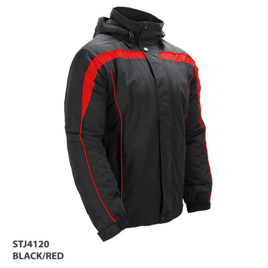 A black jacket with red accents and a hood, featuring a logo on the front.