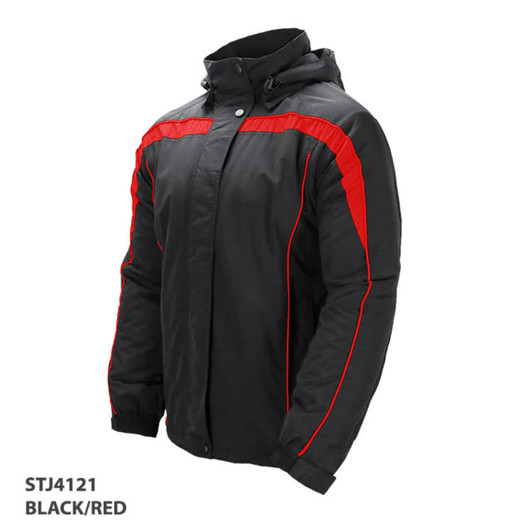A black and red jacket with a hood and contrasting stripes, featuring a logo on the front.