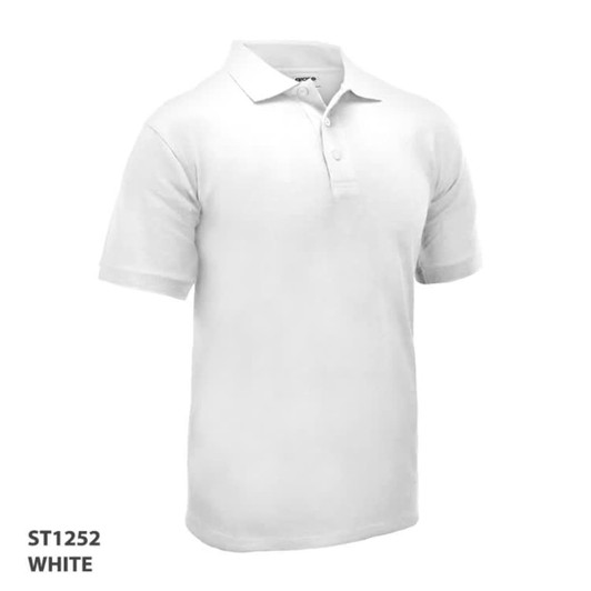 A white polo shirt displayed on a plain background, featuring a collar, short sleeves, and a logo.
