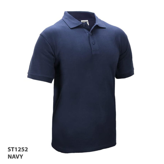 A navy polo shirt with a classic collar, short sleeves, and three buttons. It features a logo on the chest.