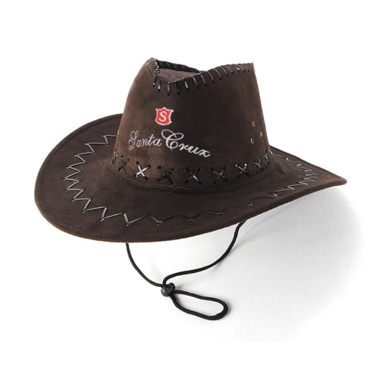 A brown cowboy hat featuring decorative stitching and a logo, with an adjustable chin strap.