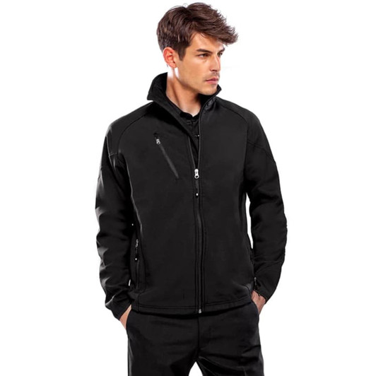 A man wearing a black soft shell jacket with a zip and high collar, featuring a logo on the chest.