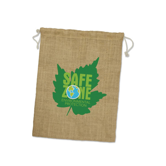 A large jute gift bag in natural beige with a green leaf design and a logo.