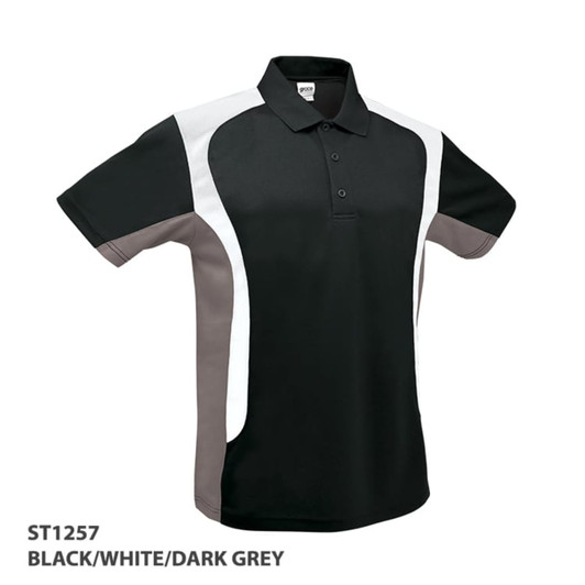 A black, white, and dark grey polo shirt featuring a logo on the left chest area.