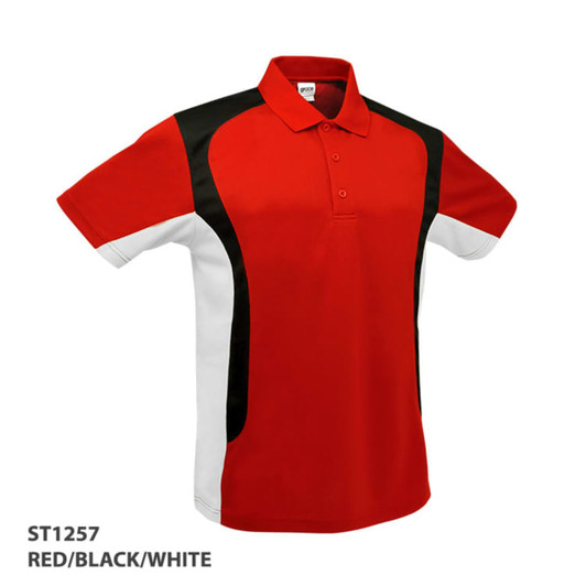 A red polo shirt with black and white accents, featuring a logo on the chest area.