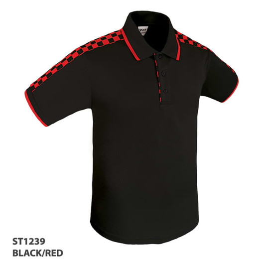 A black and red polo shirt with checkered detailing on the shoulders and a logo.