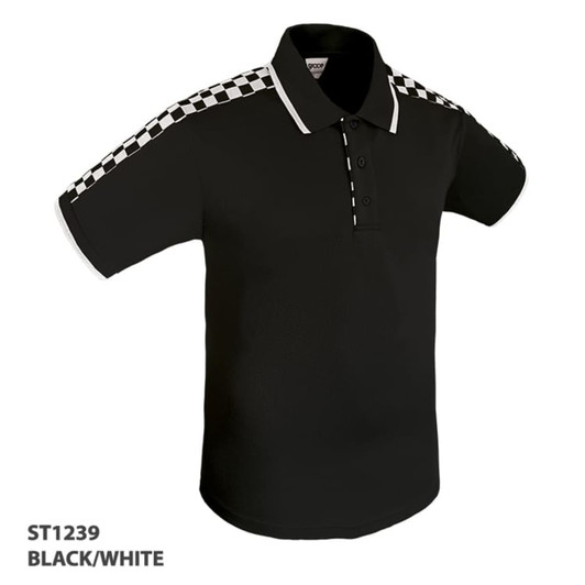 A black polo shirt with white checkered detailing on the shoulders and a collar. Features a logo.