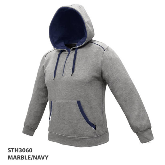 A grey hoodie with a navy blue interior hood and matching drawstrings, featuring a front pocket and branding.