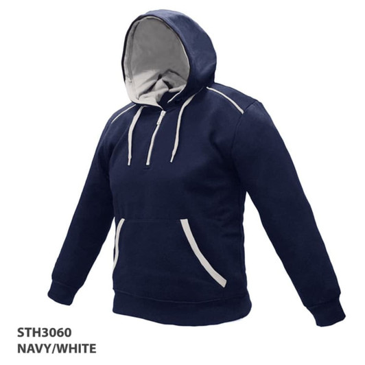 A navy and white hoodie with a front pocket and a logo. It features a drawstring and a lined hood.