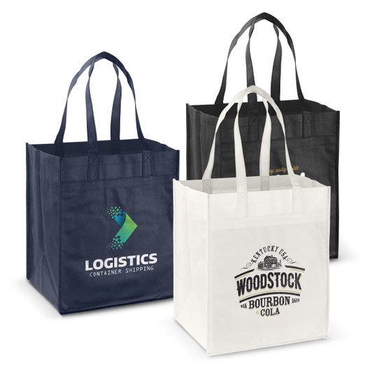 Three Mega Shopper Tote Bags in navy, black, and white, each featuring different designs and a logo.