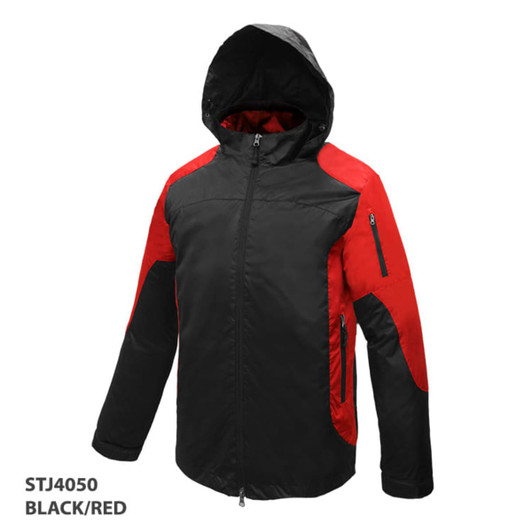 A black and red jacket featuring a hood and zippered pockets, with a logo on the side.