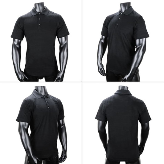 A black polo shirt displayed from multiple angles, featuring a collar and buttons, with a logo present.