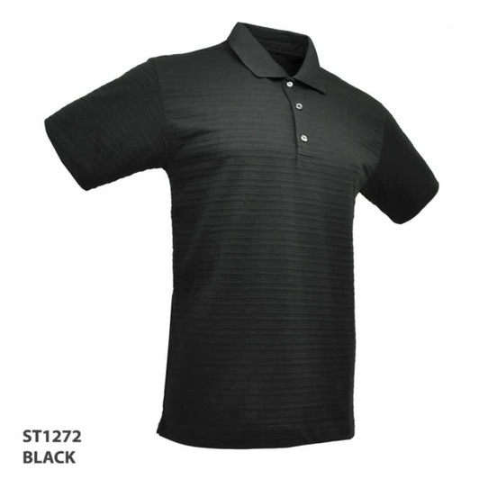 A black polo shirt with a textured pattern, featuring a collar and three buttons. It has a logo on it.