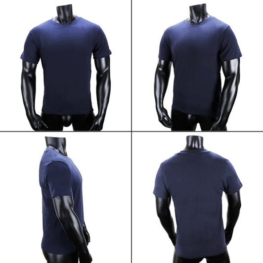 A navy blue T-shirt displayed on a mannequin from multiple angles, showcasing its simple design and fit.