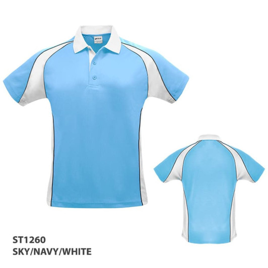 A polo shirt in sky blue, navy, and white, featuring a logo and contrasting trims.