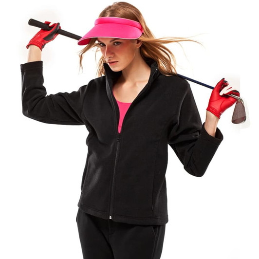 A model in a black polar fleece jacket, wearing a pink visor and red gloves, holding a golf club.