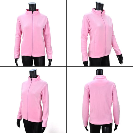A pink polar fleece jacket displayed from multiple angles, featuring a zip front and a collar. Includes branding.