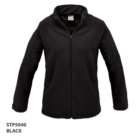 A black polar fleece jacket with a zippered front and a collar, featuring a logo on the chest area.