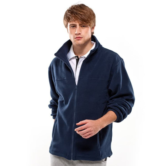 A navy polar fleece jacket with a high collar and zip, featuring a logo on the upper left side.