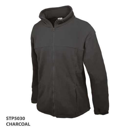 A charcoal polar fleece jacket with a zipper and high collar, featuring a logo on the front.