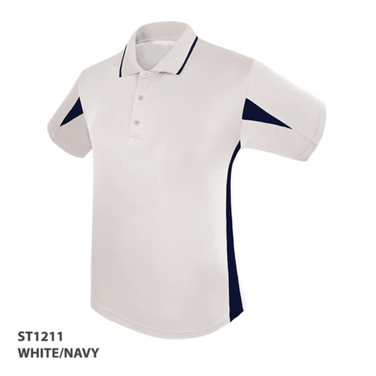 A cotton polo shirt in white and navy, featuring a logo and side panels in navy blue.