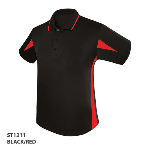 A black polo shirt with red accents, featuring a collar and short sleeves. It has a logo on the chest.