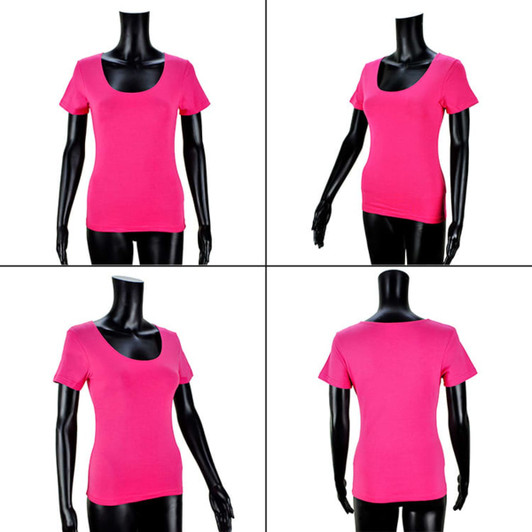 A pink T-shirt displayed from multiple angles on a black mannequin, featuring a scoop neckline and short sleeves.