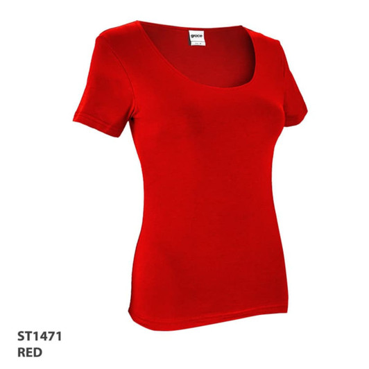 A red T-shirt with short sleeves and a scoop neckline, featuring a brand logo on the tag.